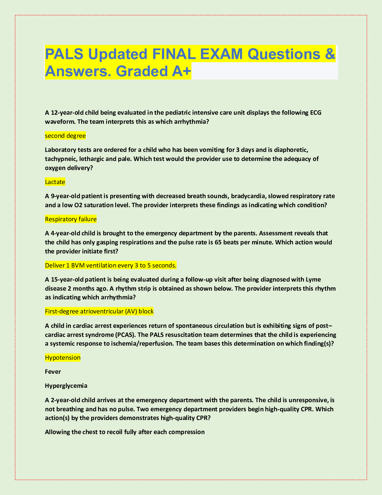Preview image for PALS Updated FINAL EXAM Questions &  Answers. Graded A+